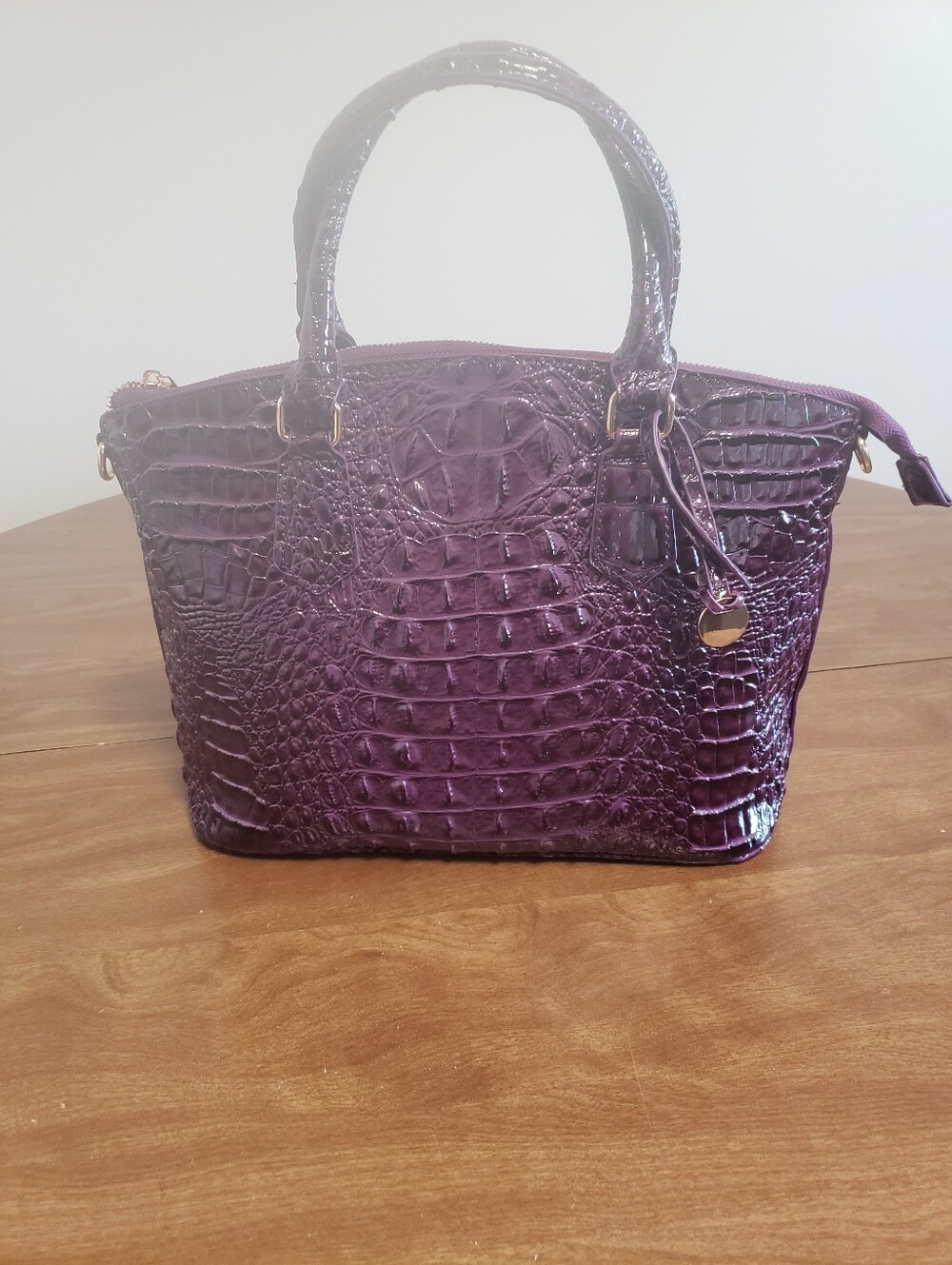Purple Croc-Embossed Patent Satchel